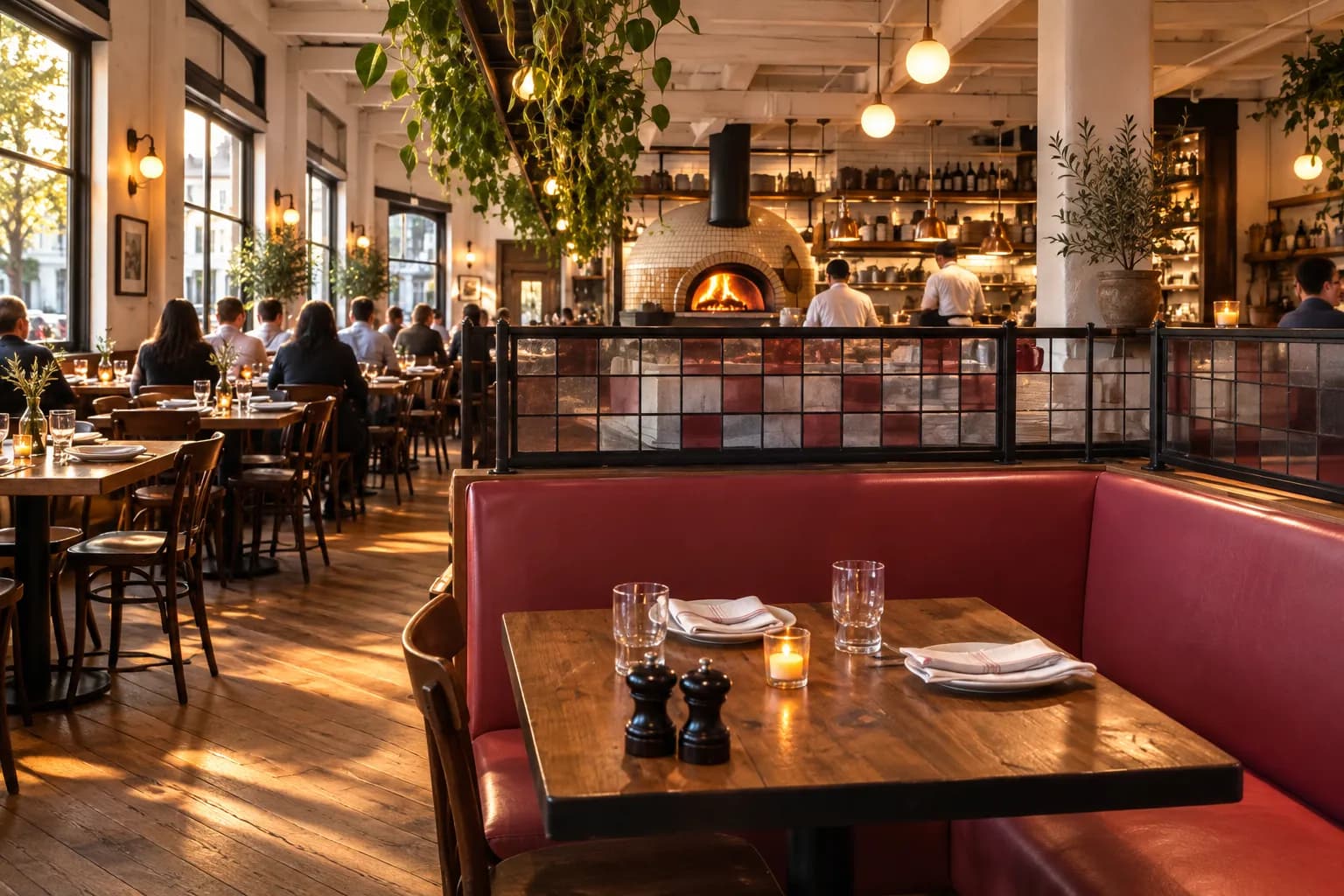 A first-floor dining room with high ceilings and hanging greenery, tables filling under warm pendant lights