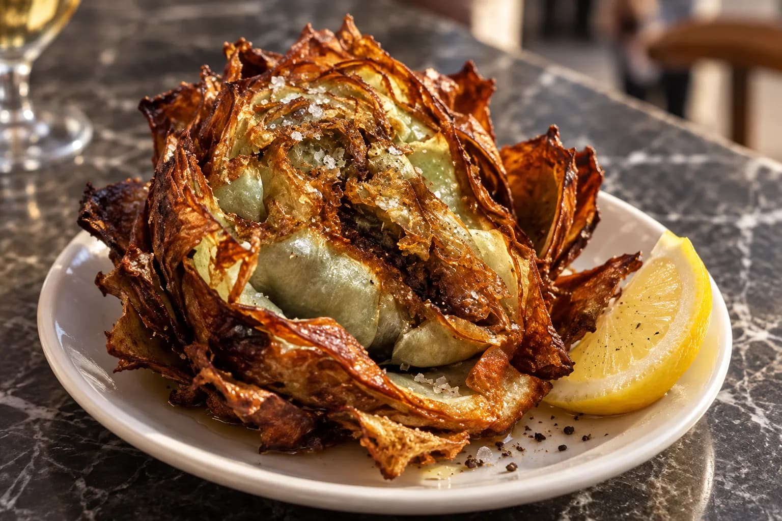 A whole fried artichoke opened like a bronze flower on a small white plate, lemon alongside