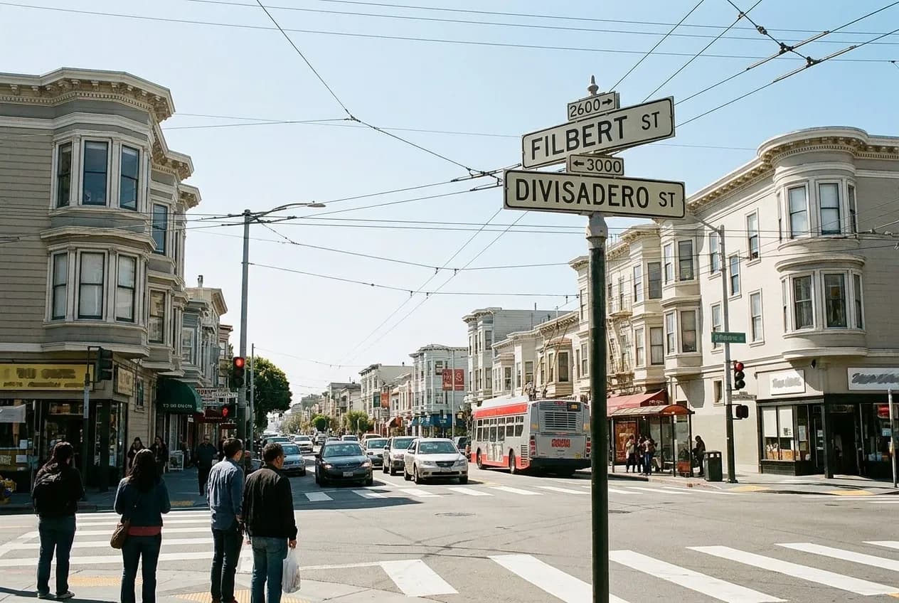 A busy commercial corner on Divisadero Street in San Francisco with low storefronts and passing traffic