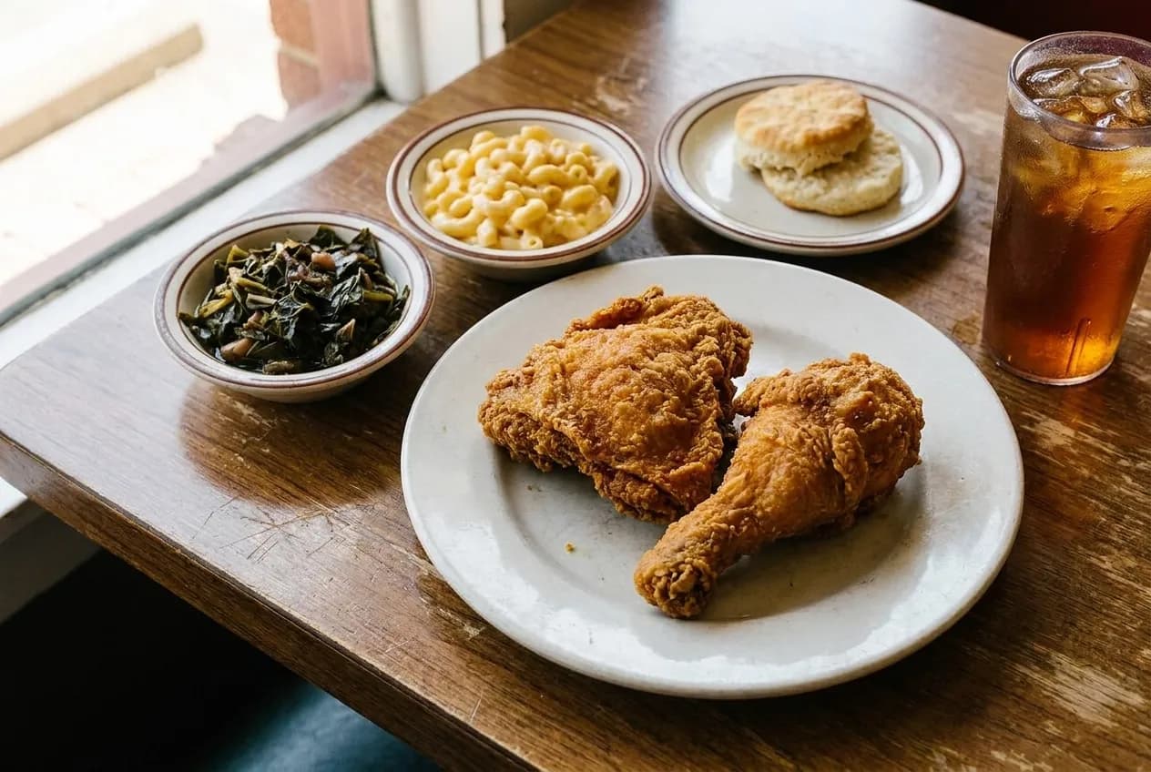 A plate of fried chicken with three side dishes in small bowls and a cream biscuit