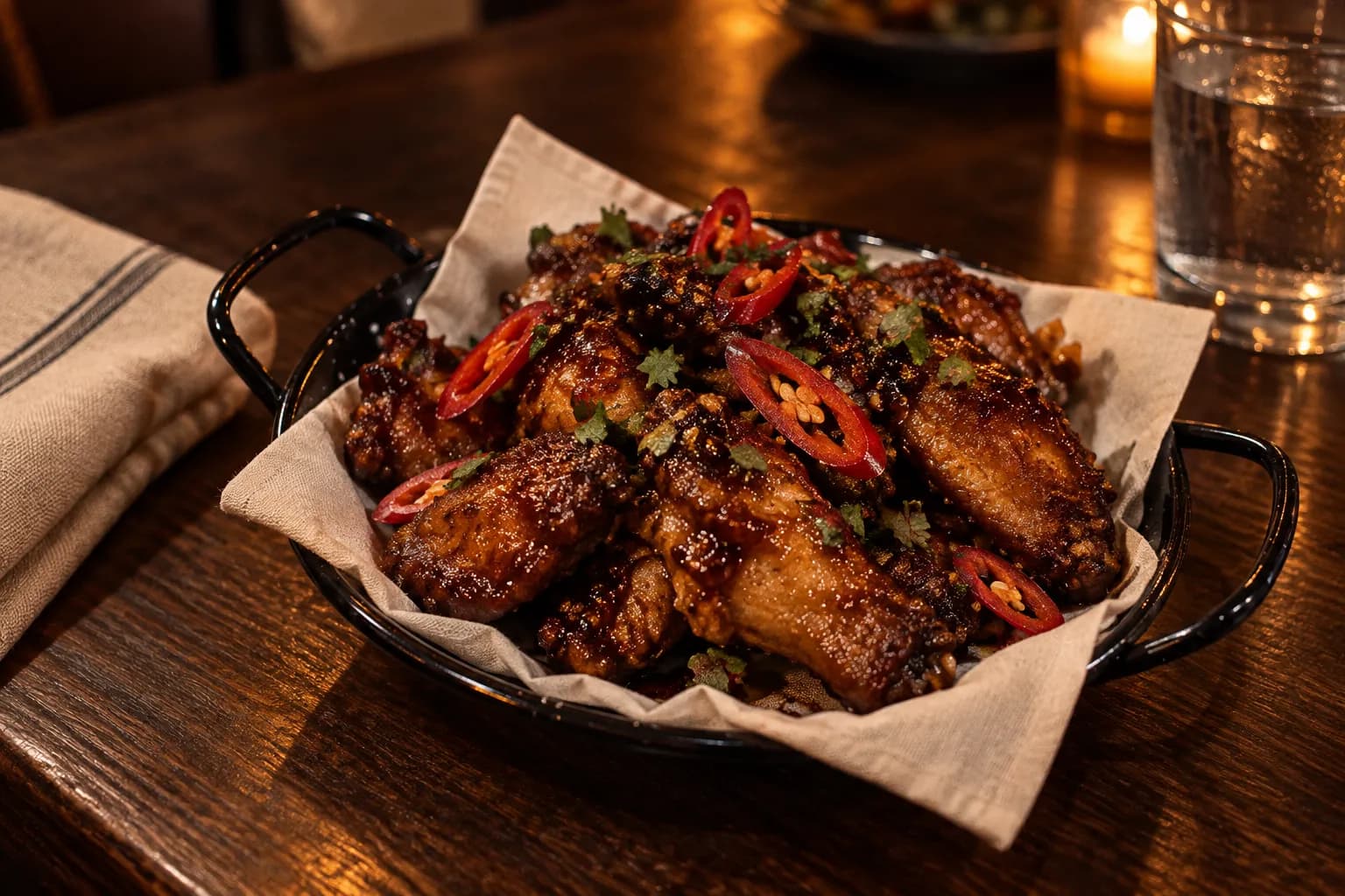 A plate of glazed fried chicken wings under a sheen of dark sauce, scattered with chilli and herbs, on a dark table beside a folded napkin