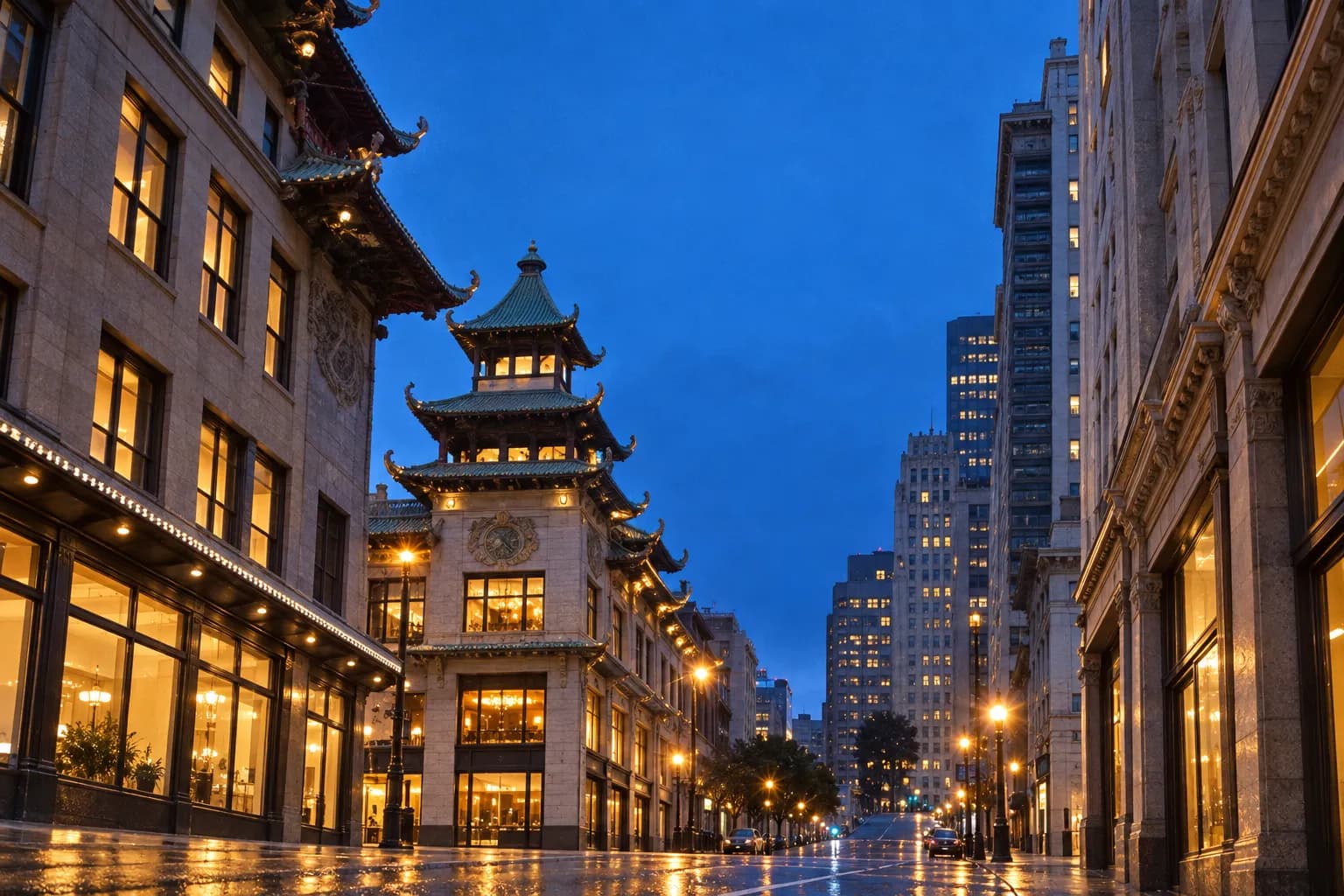 A downtown San Francisco street corner in the early evening, tall hotel and office frontages rising on both sides above a wide pavement under a deep blue sky