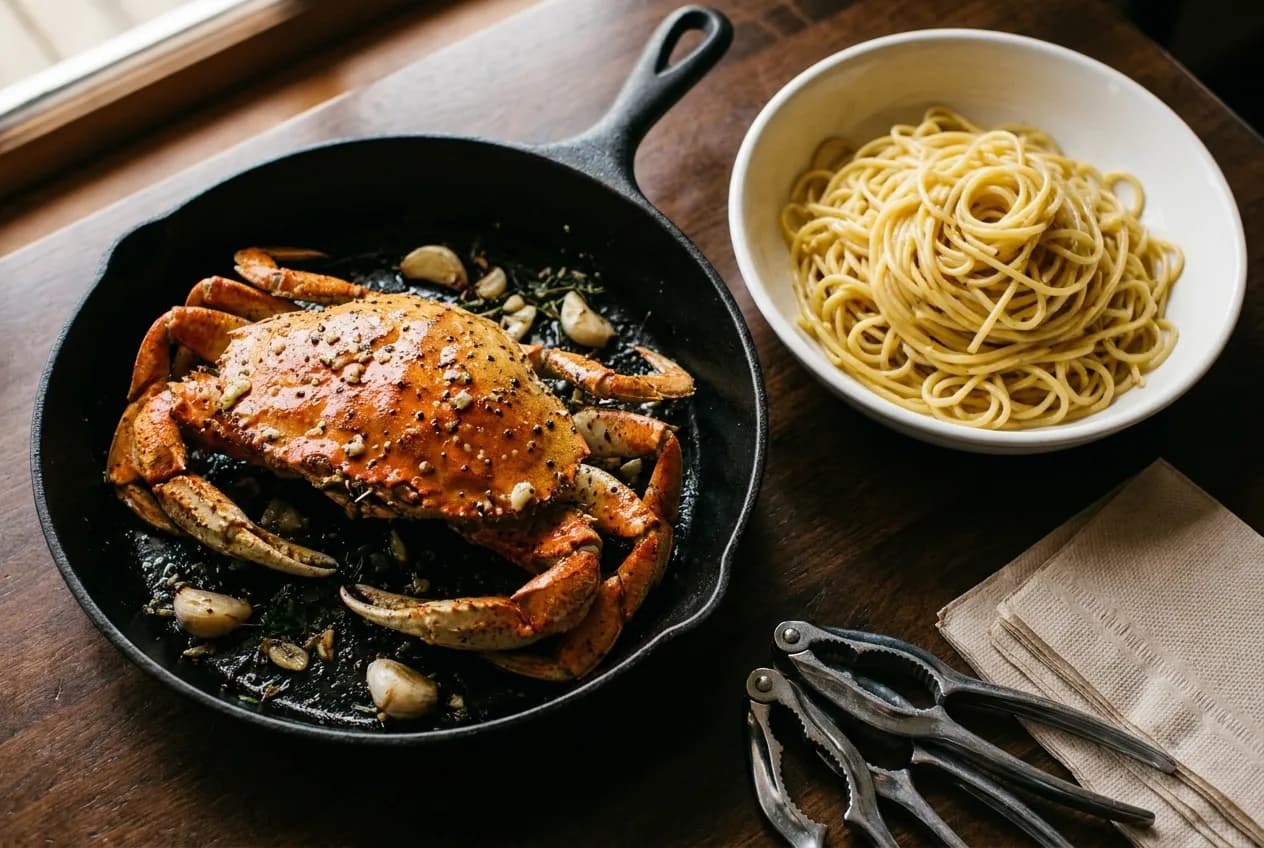 A whole roasted crab in a dark pan beside a bowl of buttery garlic noodles