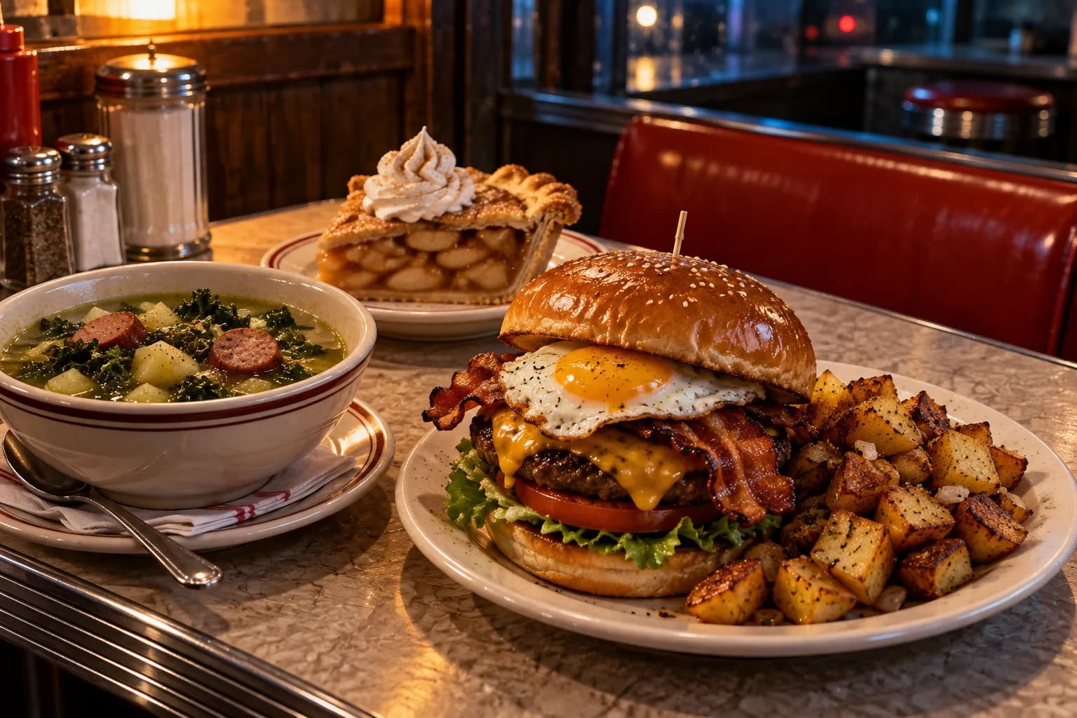 A close food still life on a metal diner table: green potato soup with sausage, a bacon cheeseburger topped with an egg, home fries and a wedge of apple pie in warm evening light.