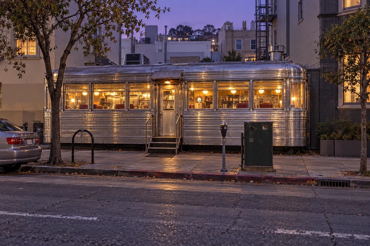 A wide street-level view of a compact vintage diner structure on a San Francisco corner, with metal cladding, pavement, low-rise buildings and muted evening light around the entrance.