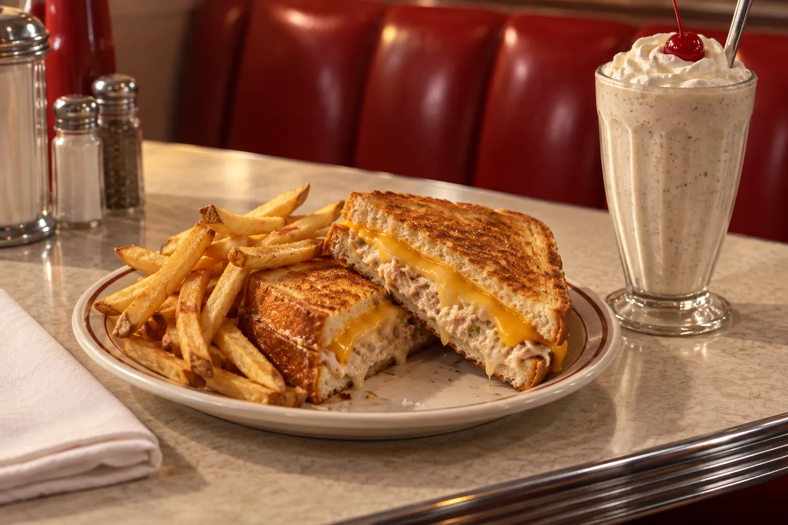 A tabletop still life of a diner plate with fries, a milkshake and folded napkin beside a chrome-edged table, with red vinyl seating softly out of focus in the background.