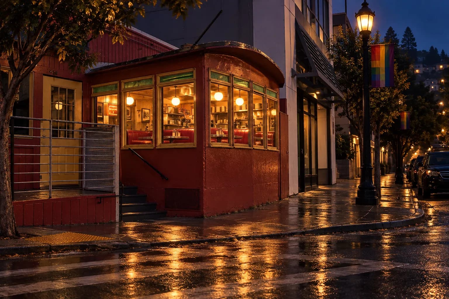 A low-angle night photograph of a compact diner exterior on a Castro corner, warm light glowing through windows and reflecting on the pavement, with the entrance and street corner visible.
