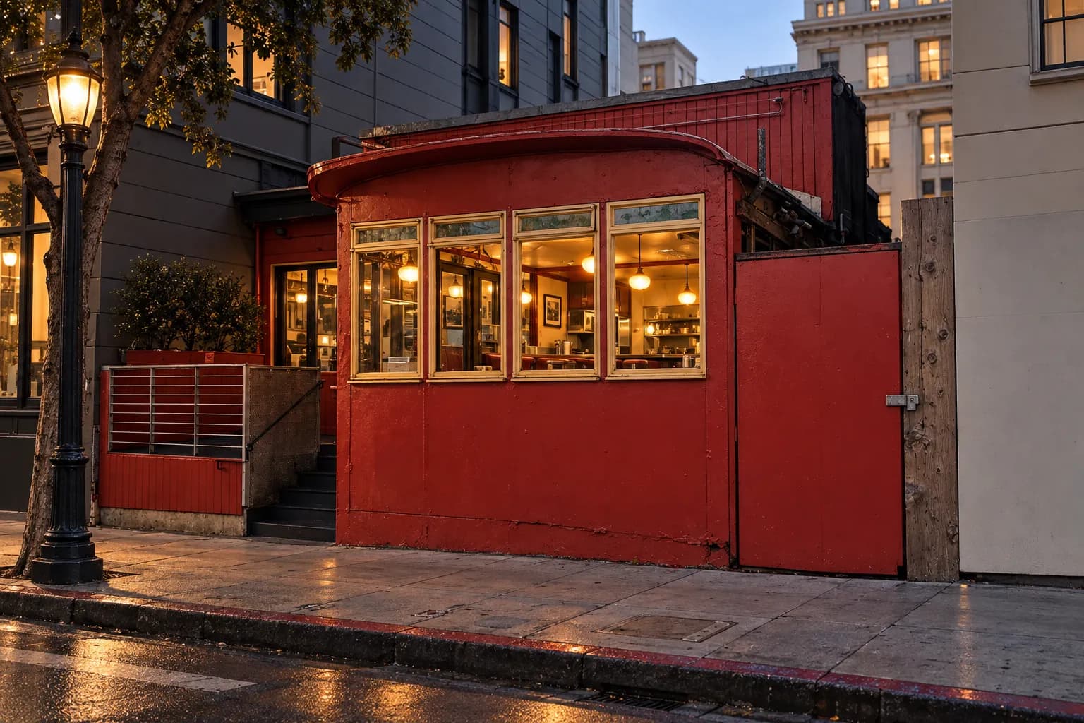 A street-level view of a compact corner diner beneath tall city buildings, with glowing windows, dark trim, pavement and warm early evening light.