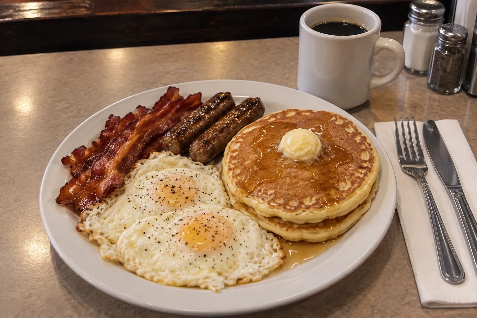A tightly framed tabletop scene with a plate of eggs, sausages, bacon and pancakes beside cutlery, surrounded by warm diner light and dark wooden surfaces.