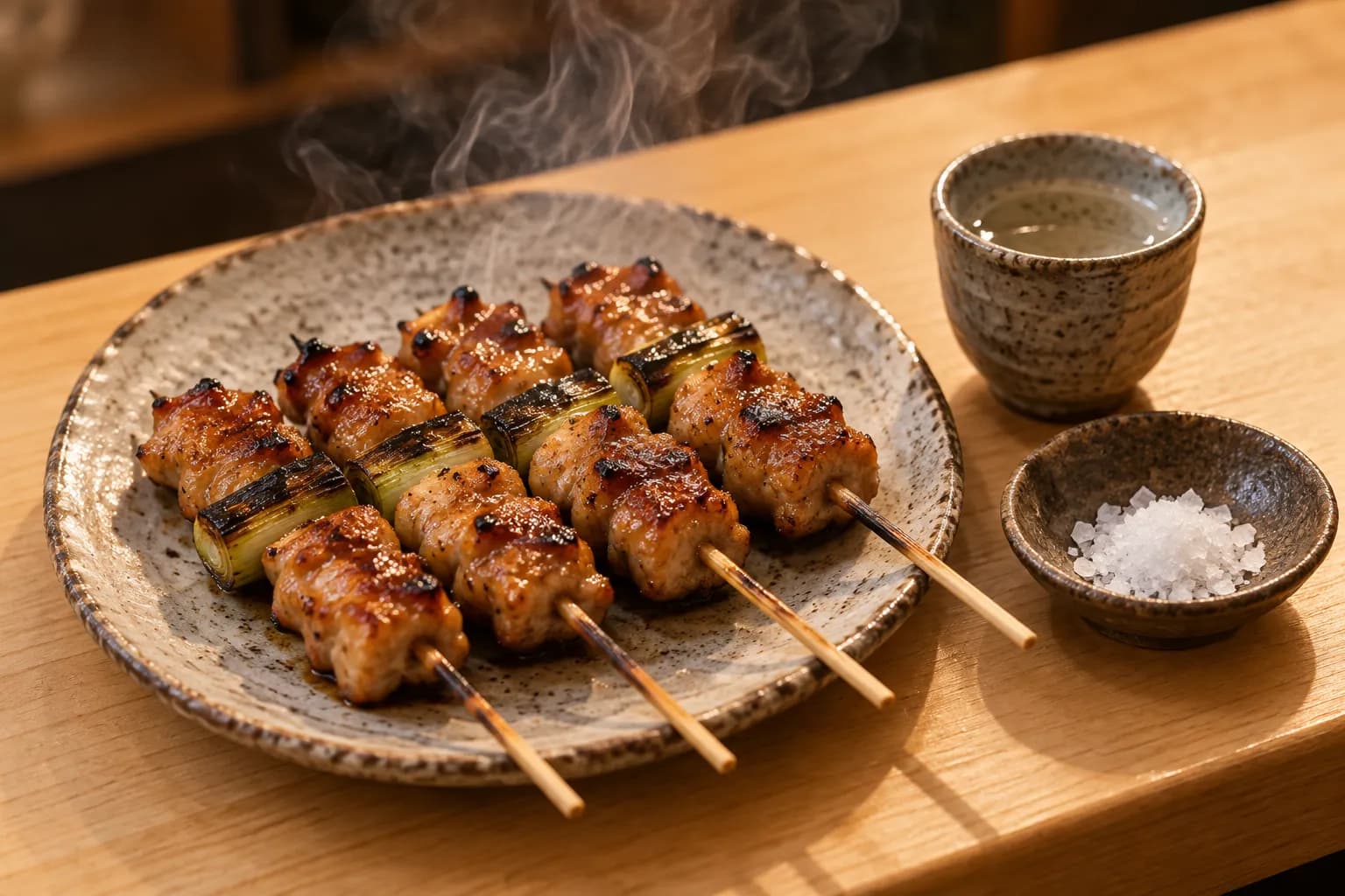 Charcoal-grilled skewers resting on a ceramic plate beside a small cup of sake on a wooden counter