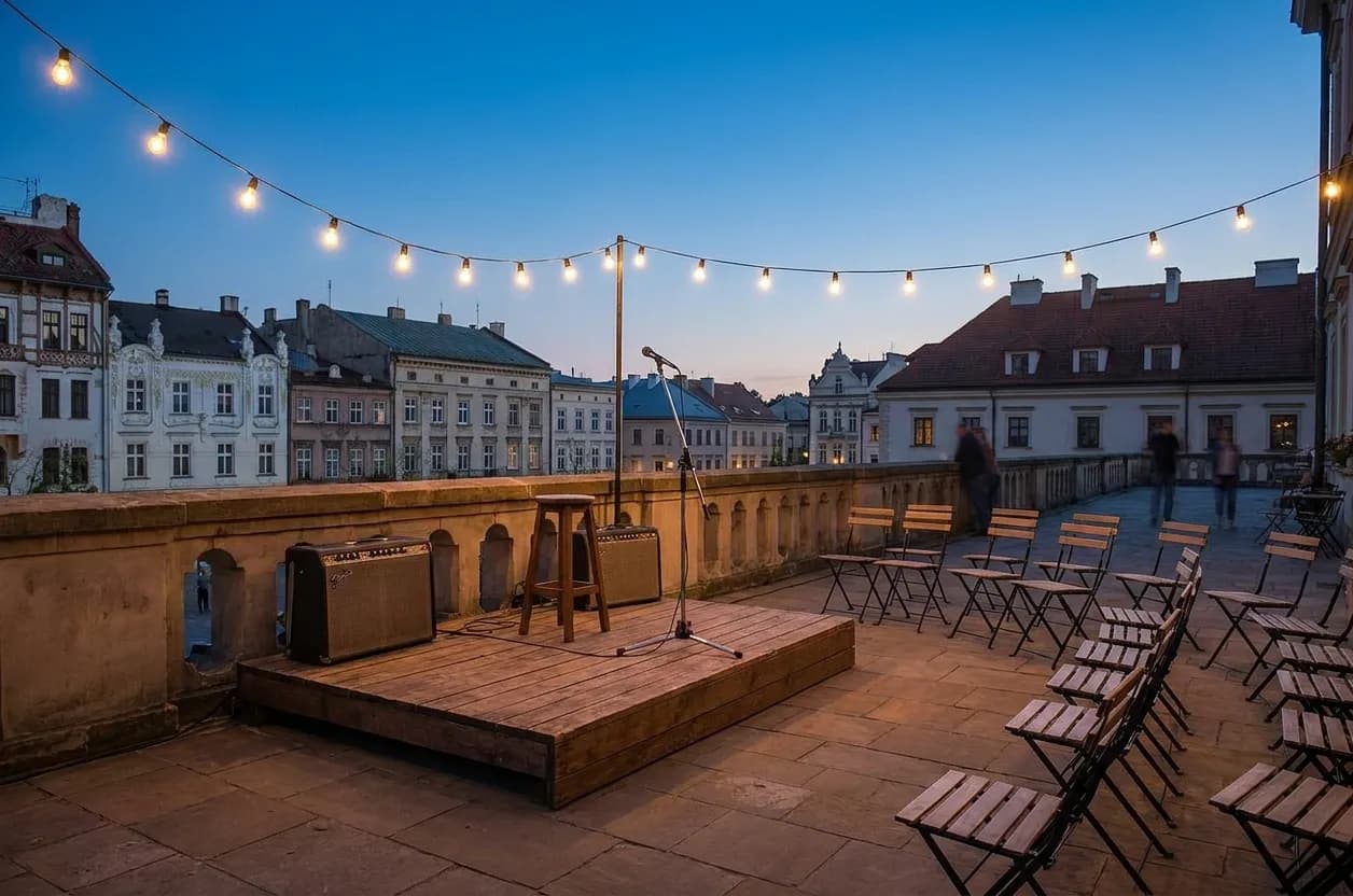 A small outdoor stage on a terrace at dusk with two guitar amps, a microphone stand and a stool under a string of bulbs