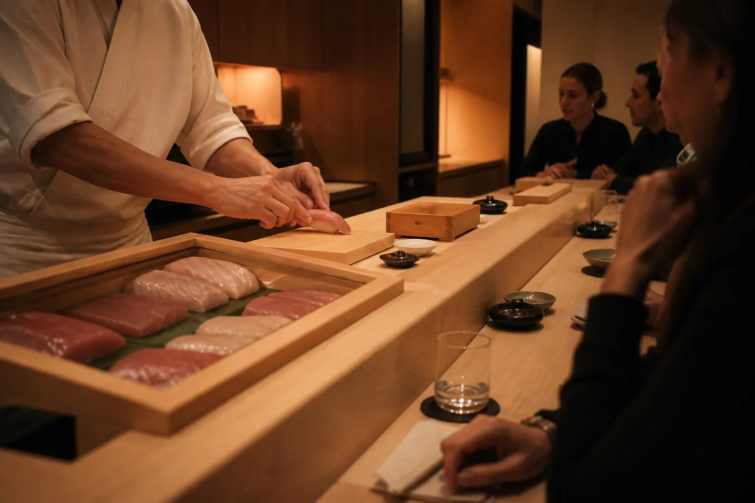 Chef in a white coat pressing a piece of nigiri behind a pale wood sushi counter while guests sit along the bar