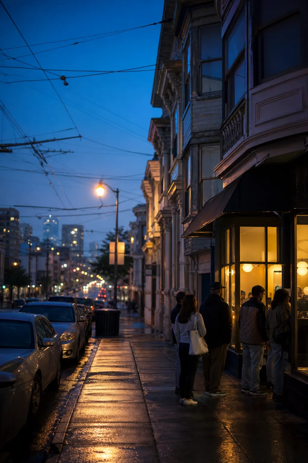 San Francisco commercial street at blue hour with bay-window Victorians, overhead trolley wires and a small queue outside a warmly lit storefront