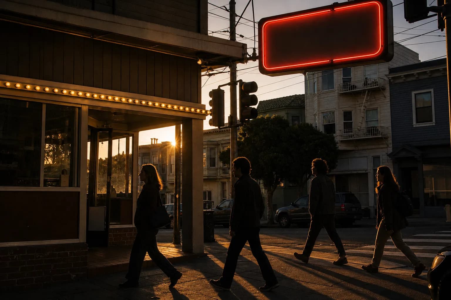 Old corner ice cream parlor in San Francisco at golden hour with a bulb-edged marquee, plate-glass windows and pedestrians crossing the intersection