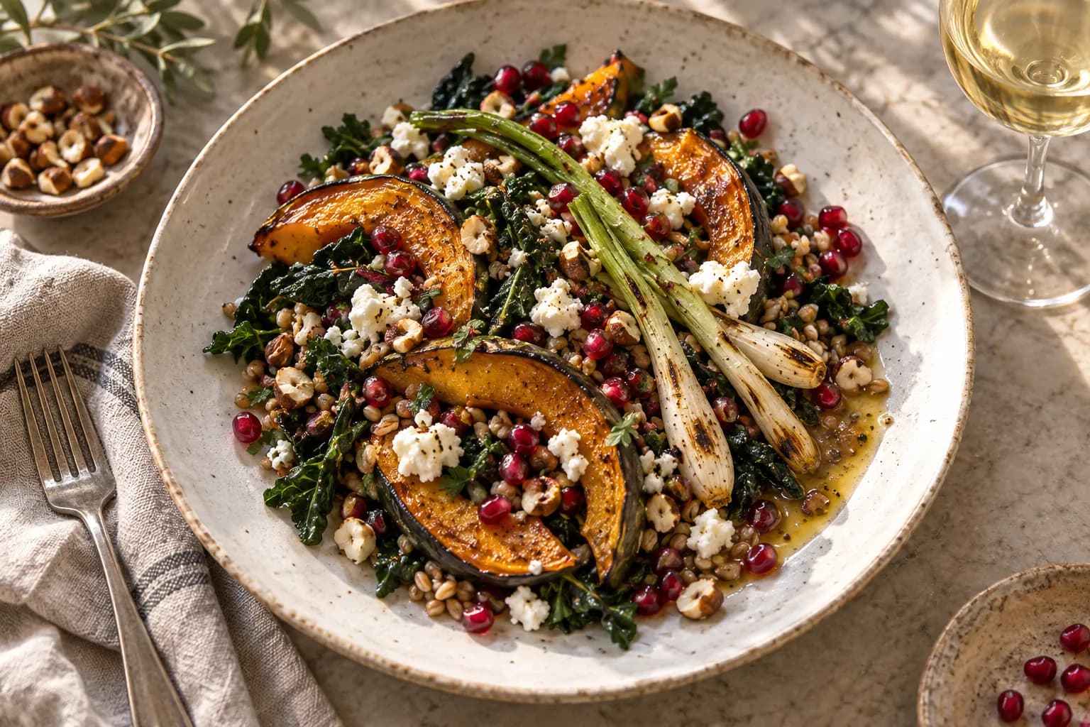 A composed salad of roasted vegetables, grains and greens on a wide ceramic plate
