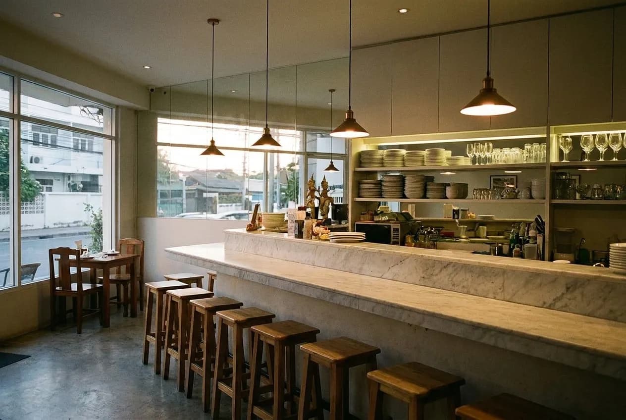 A small counter-led restaurant interior with a marble bar and stools