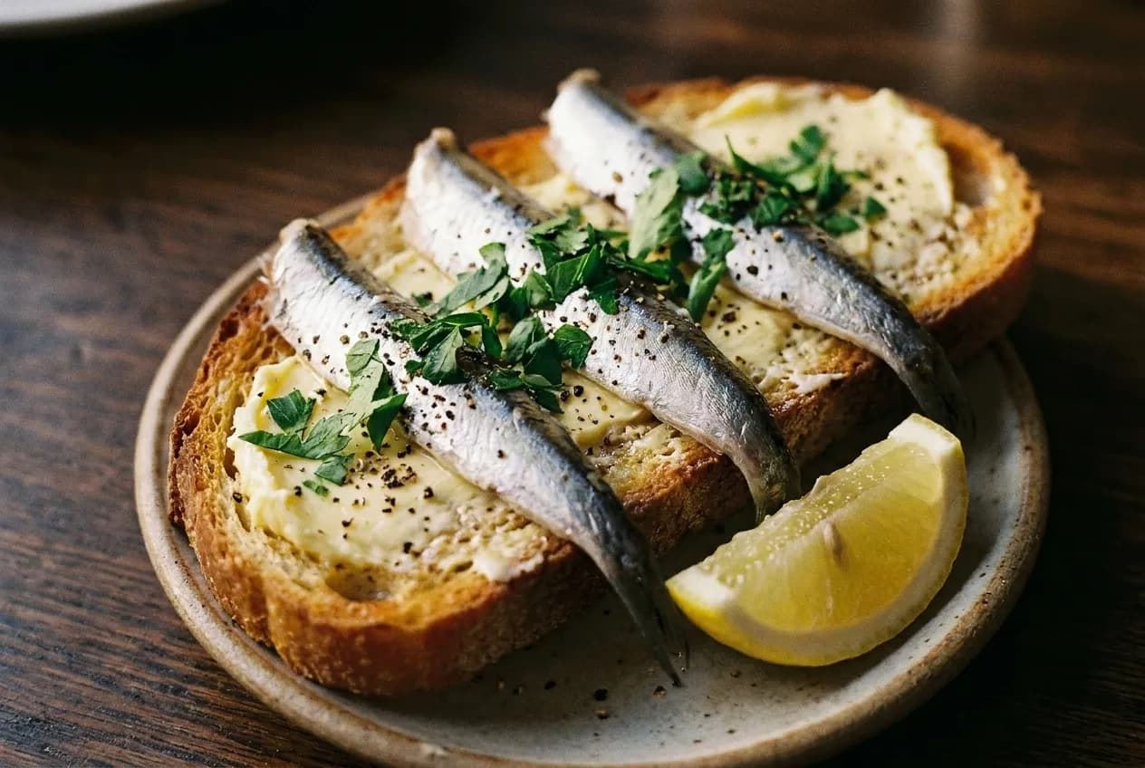 Silvery cured anchovy fillets on toast with butter