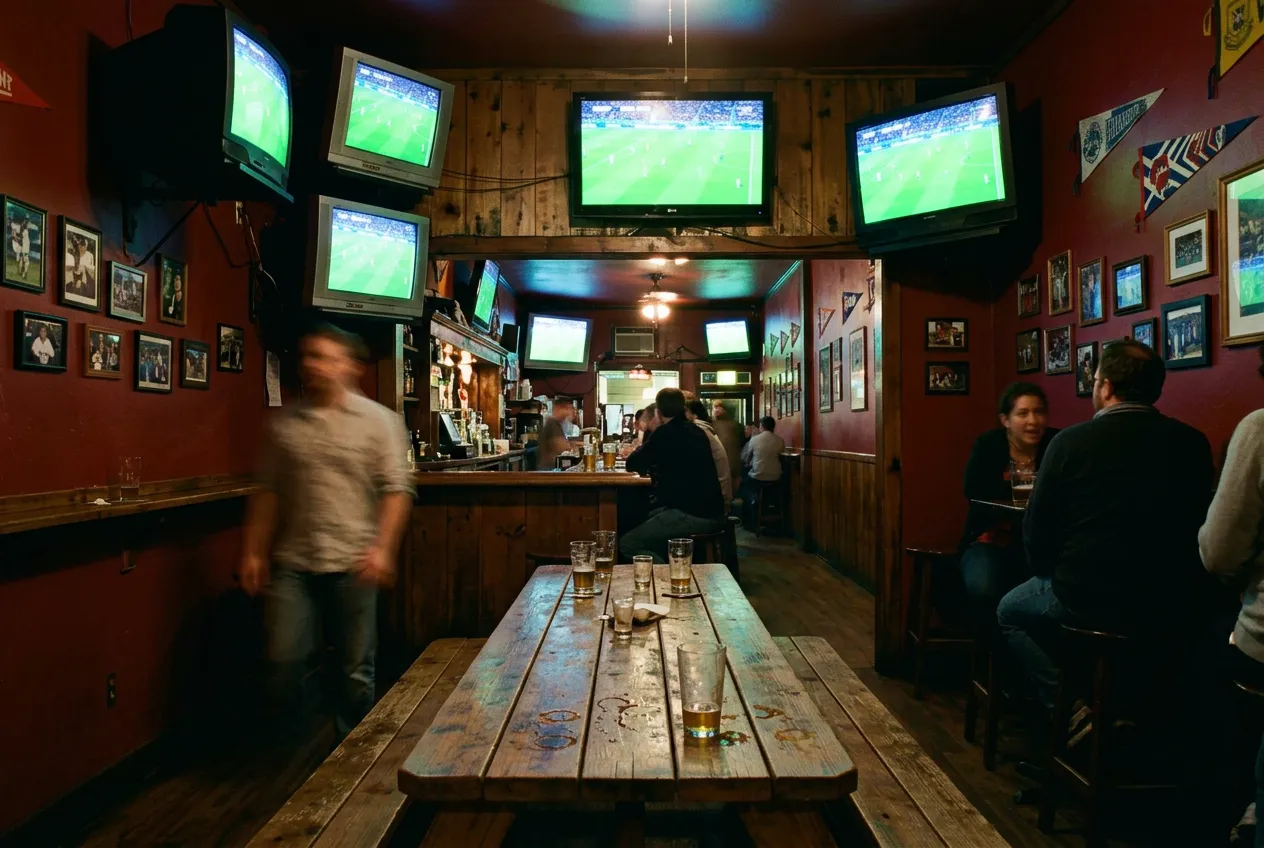 Interior of a wood-toned pub with picnic-style tables and multiple screens mounted for sports viewing