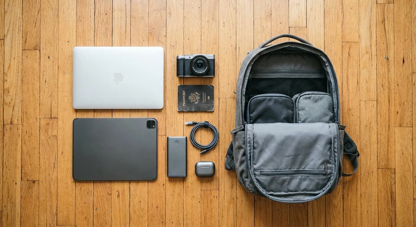 A flat-lay of a complete tech carry-on kit arranged on a wooden floor beside a backpack