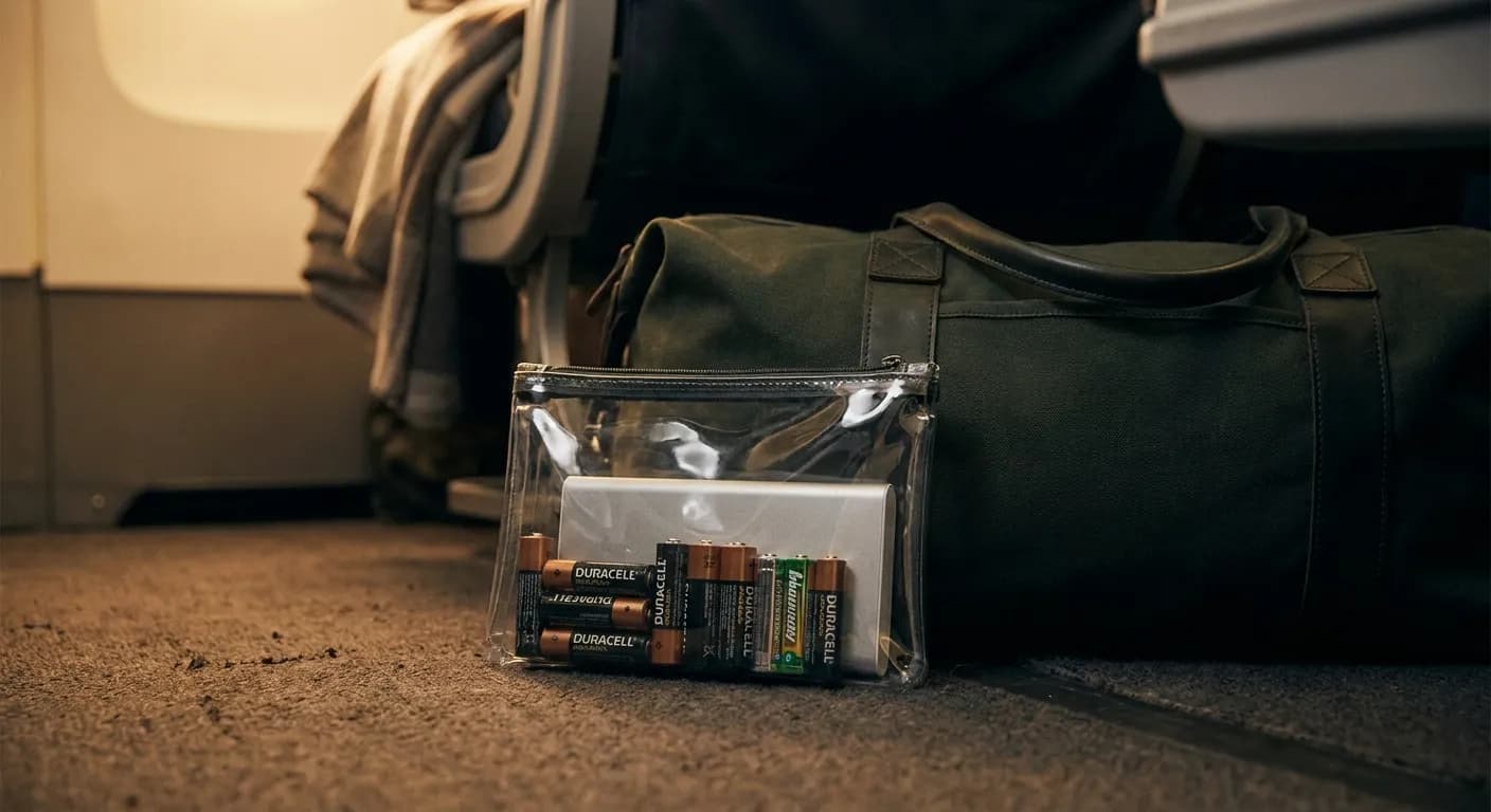 A clear pouch of batteries and a power bank beside an under-seat bag on an airplane floor