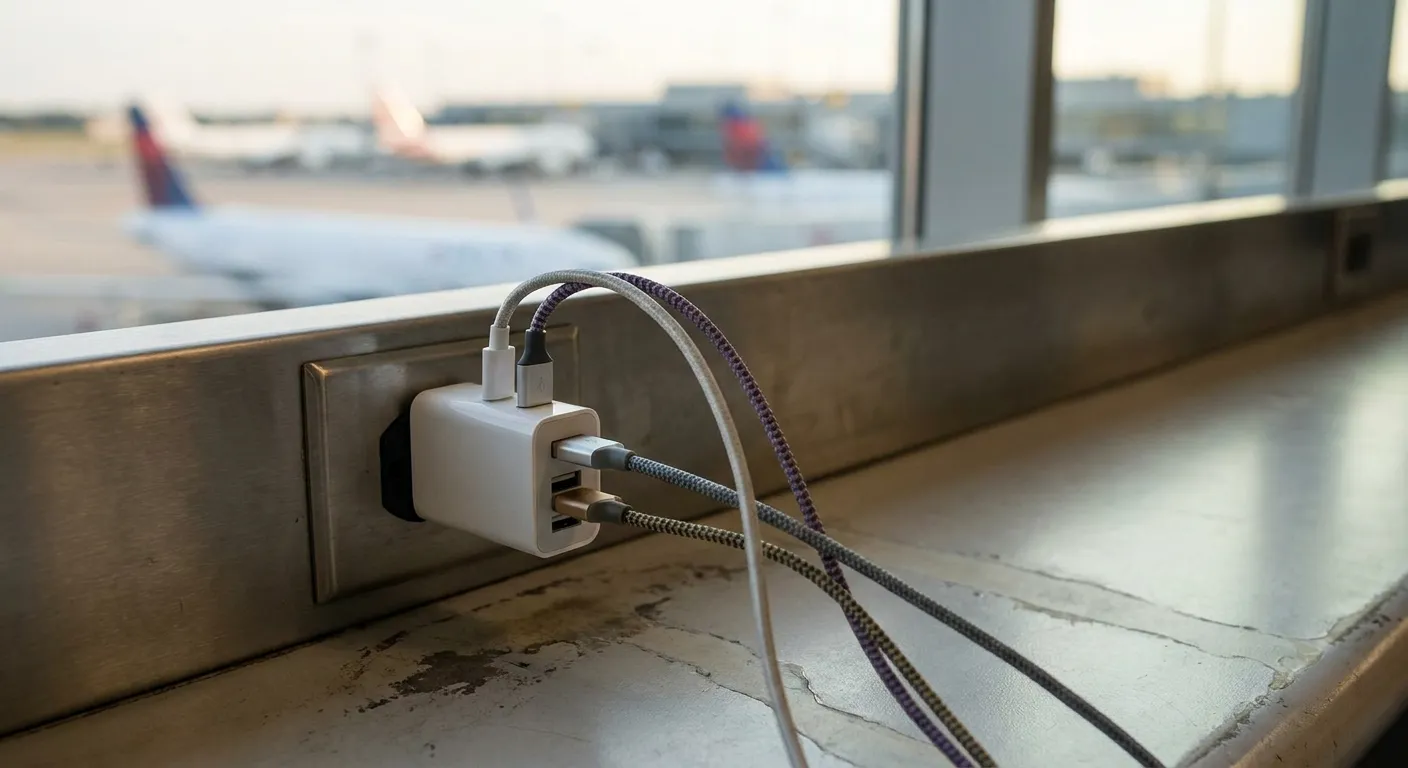 A multi-port charger with several cables plugged in at an airport gate outlet
