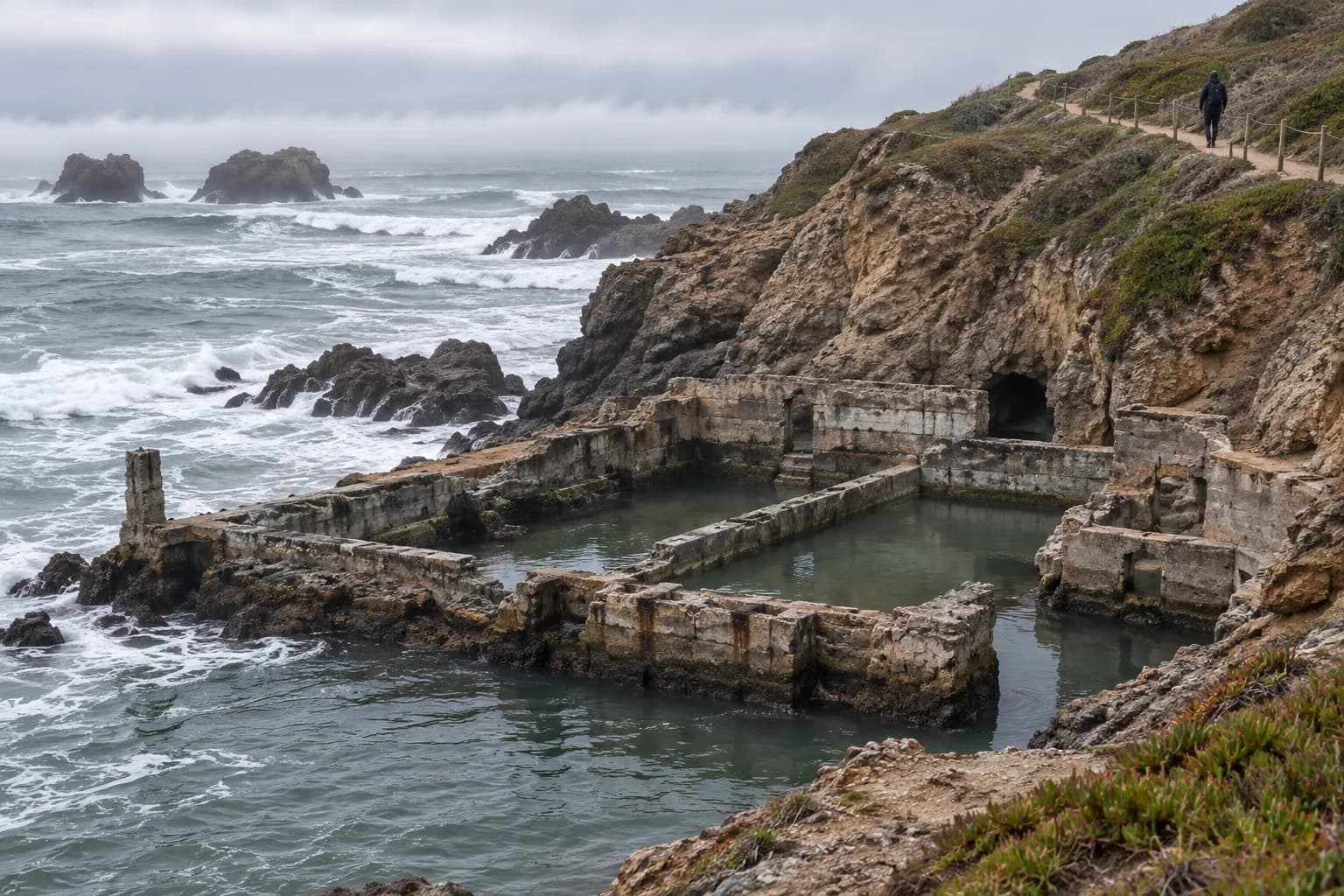 Concrete ruins of a seaside bath house below a cliff path, pools holding still water as surf breaks beyond