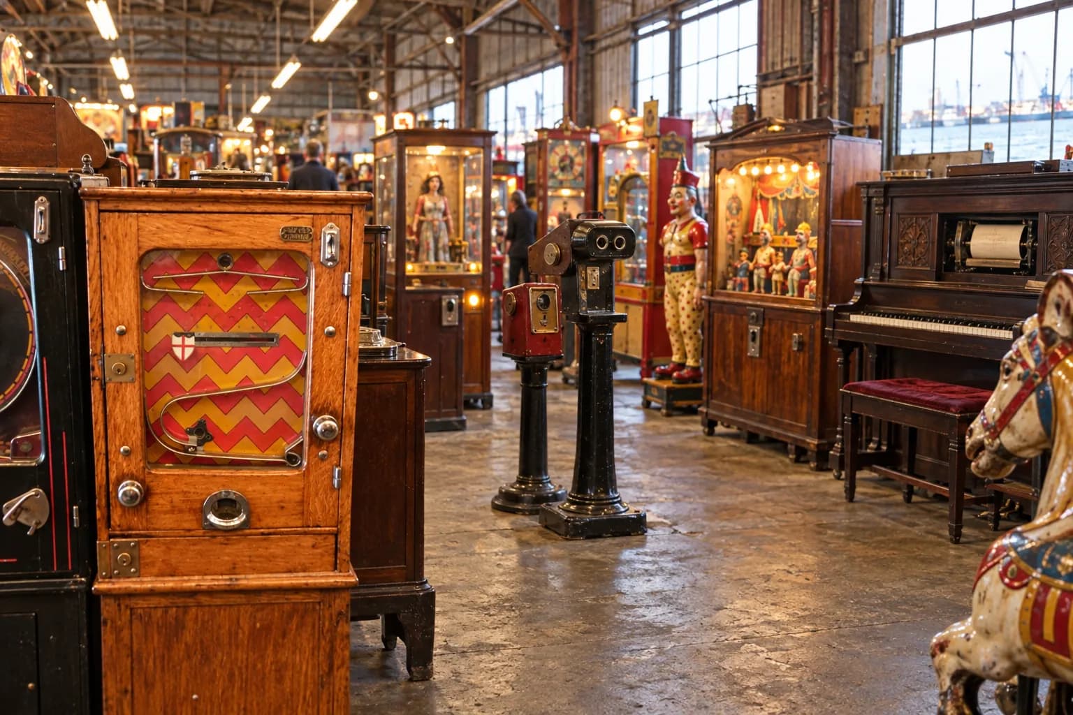 Rows of antique wooden arcade cabinets in a warehouse shed, glass fronts glowing under strip lights