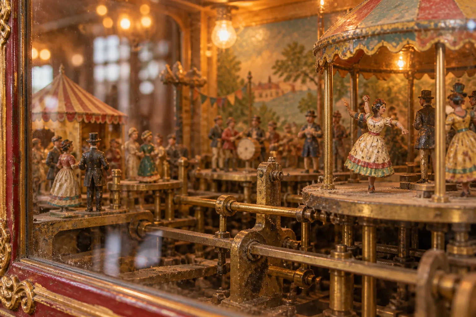 A close view into a glass case of tiny painted mechanical figures mid-movement