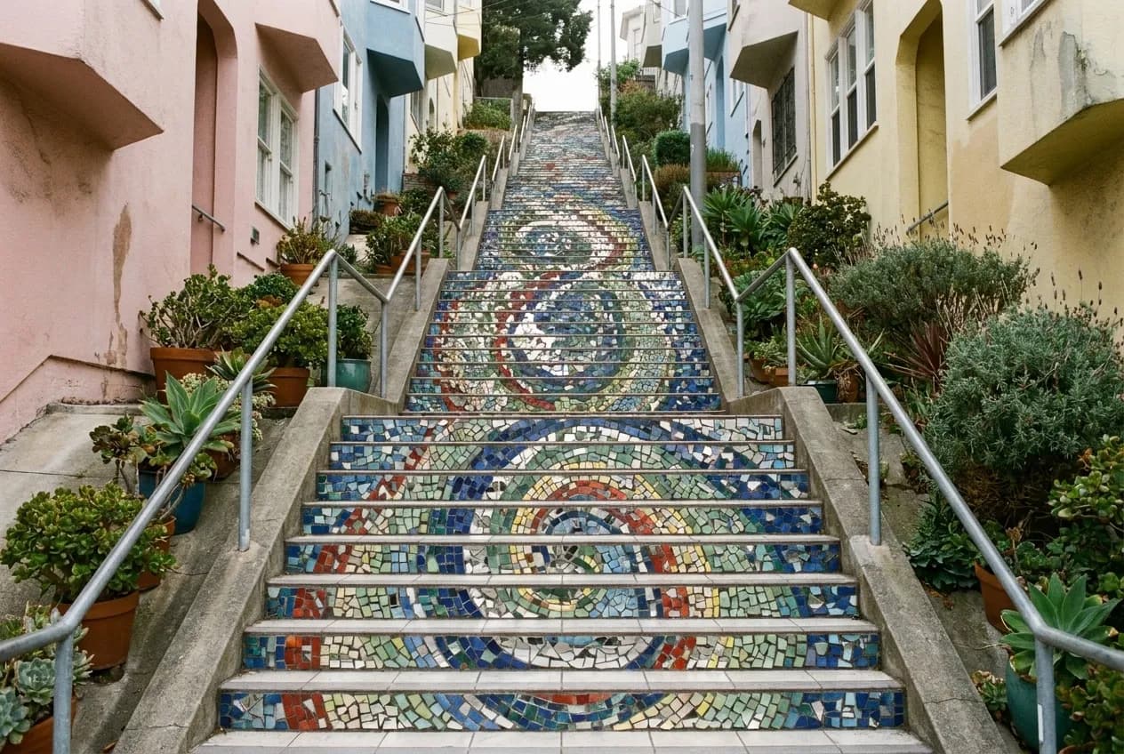 A long flight of mosaic-tiled steps climbing steeply between houses