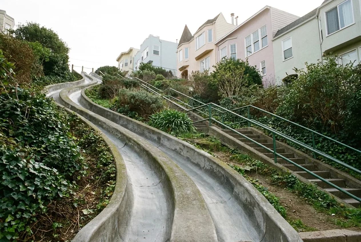 Two curved concrete slides running down a steep planted hillside between houses in a small San Francisco park