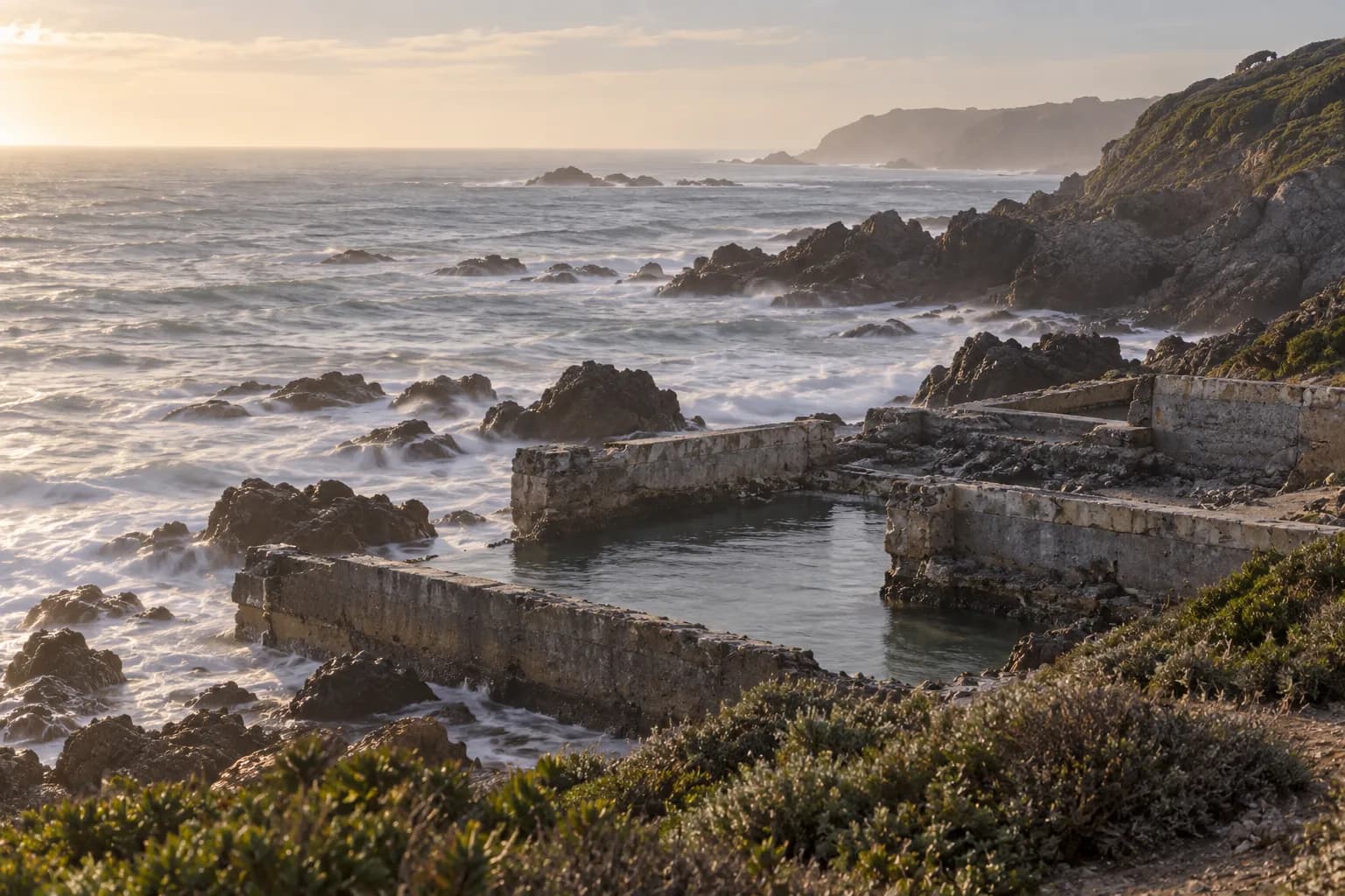 Wide coastal view of weathered concrete ruins beside dark Pacific water, with low cliffs, scrubby greenery and a pale evening sky stretching across the background.