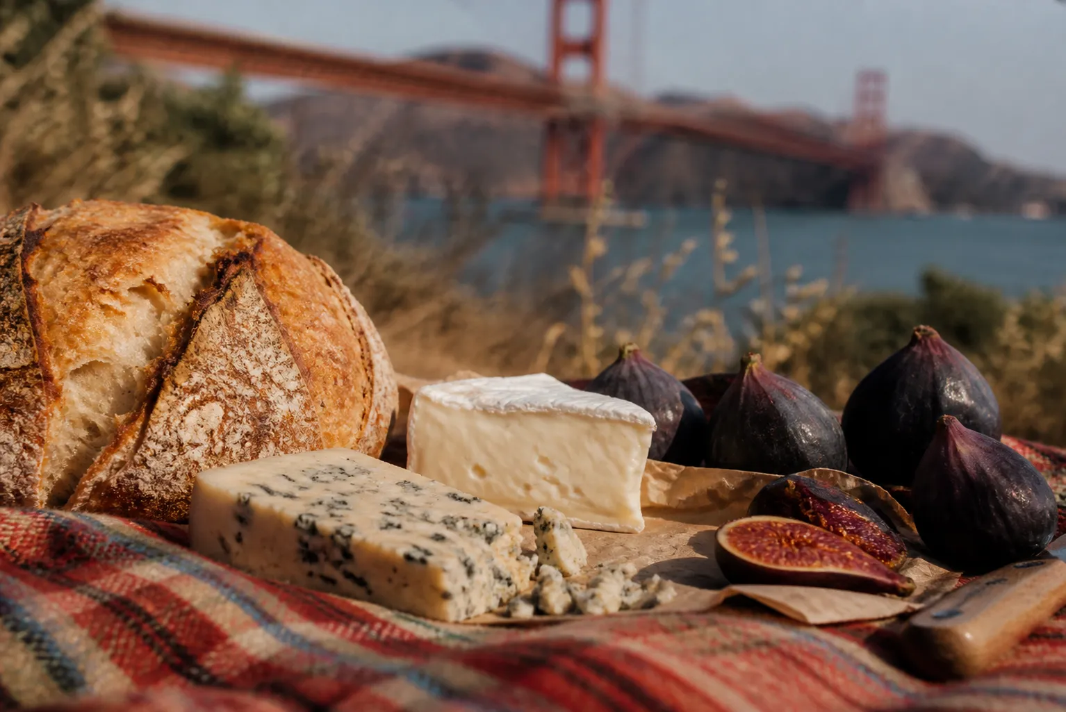 A close-up, rustic still life of San Francisco sourdough bread, fresh local cheeses, and mission figs arranged on a picnic blanket with the Golden Gate Bridge out of focus in the background.
