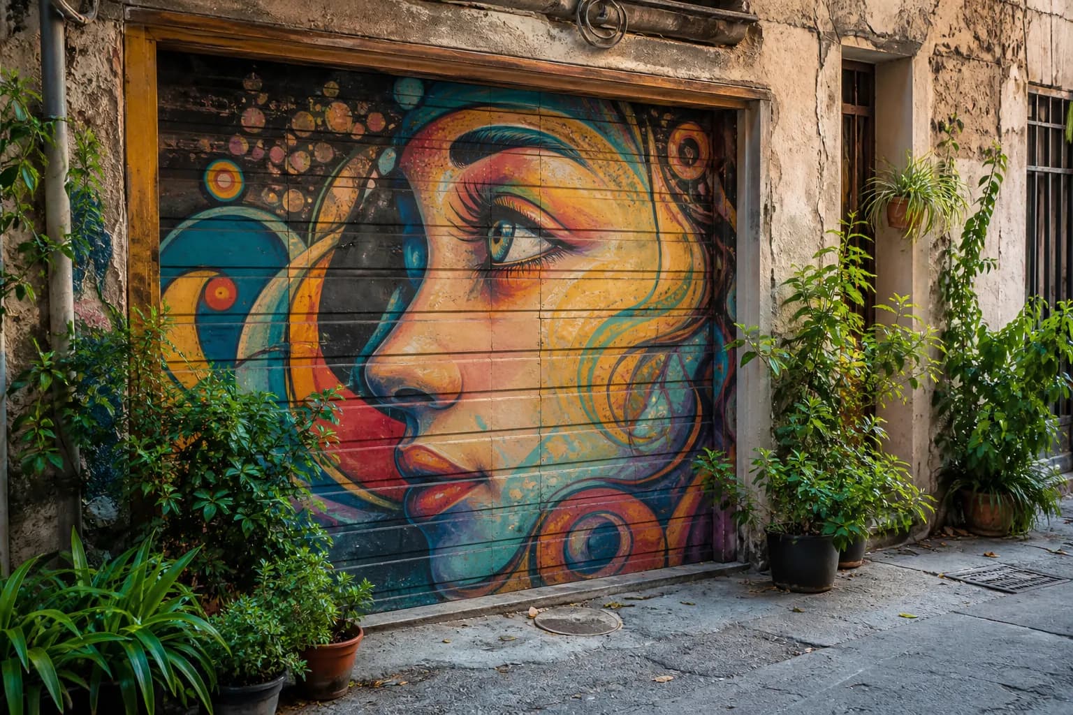 A bright, colorful mural painted on a garage door in a quiet alleyway in the Mission District.