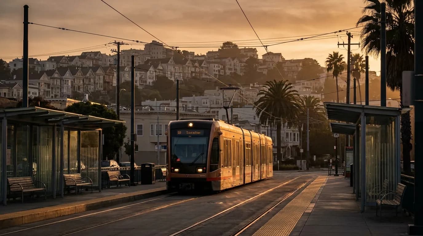 A Muni light-rail train arriving at a stop in golden evening light with city hills behind