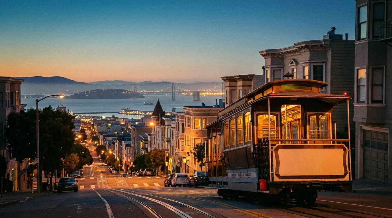 A cable car cresting a steep San Francisco hill at dusk with the bay in the distance