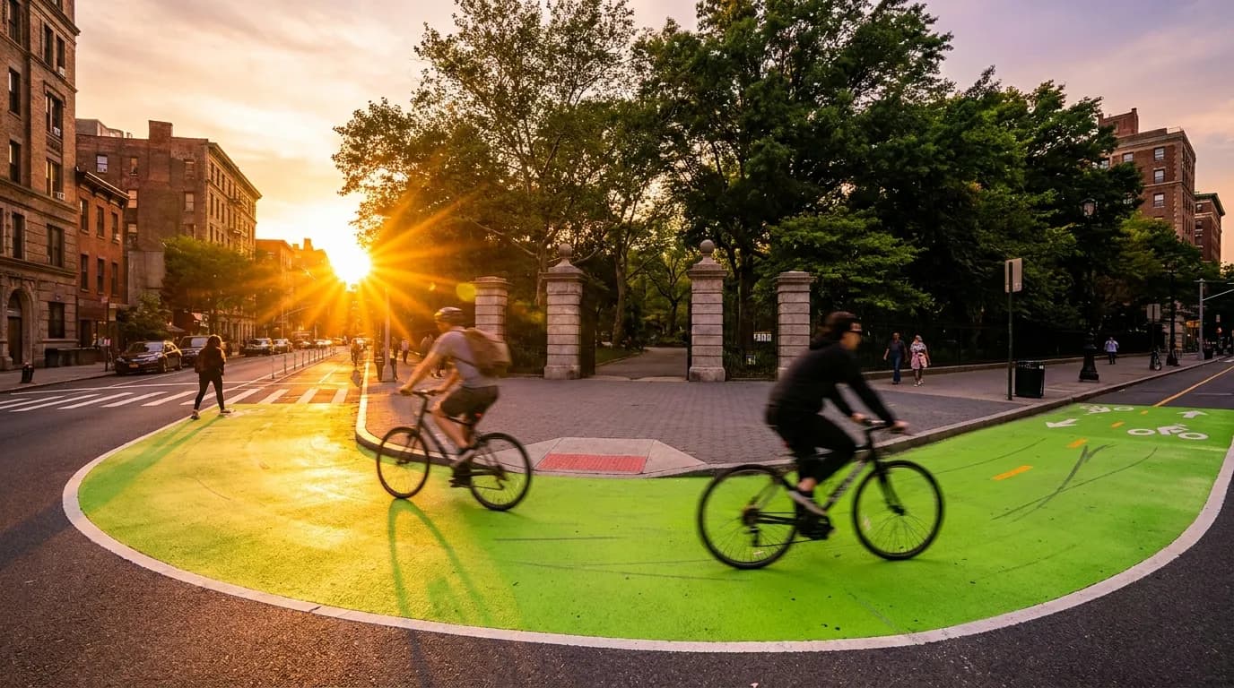 Cyclists on a flat evening street with a green bike lane heading toward a park