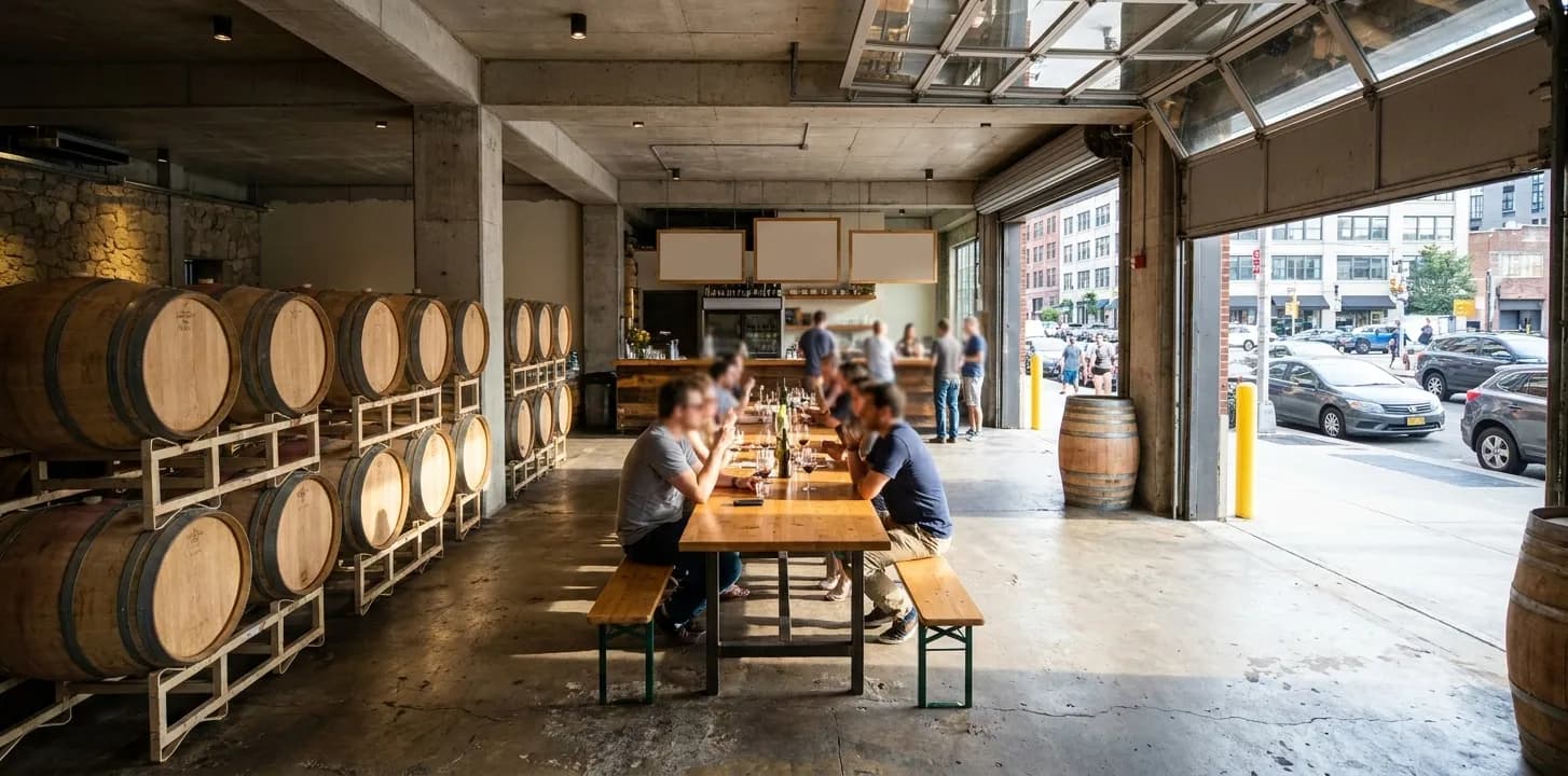 An urban winery tasting room in a converted warehouse with stacked oak barrels along one wall and a roll-up door open to the street