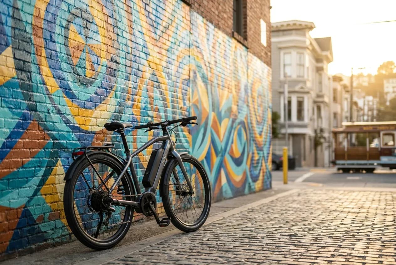An e-bike leaning against a colorful San Francisco mural with its battery pack visible