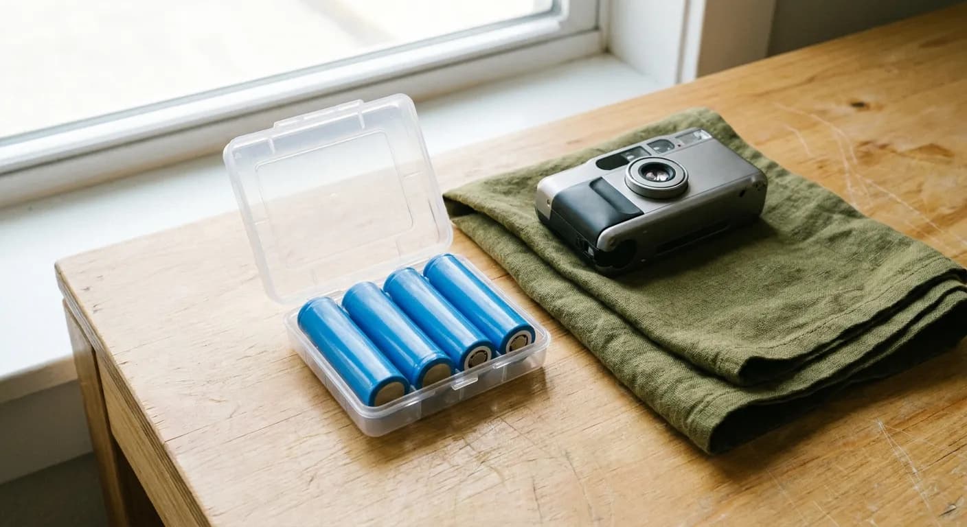 A hard plastic battery case holding cylindrical cells beside a camera on a packing table