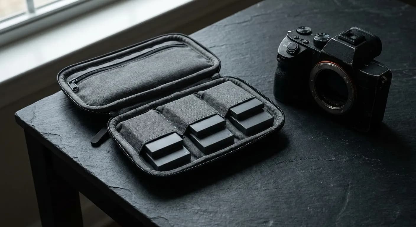 Camera batteries in a padded organizer case with a mirrorless camera on a dark table