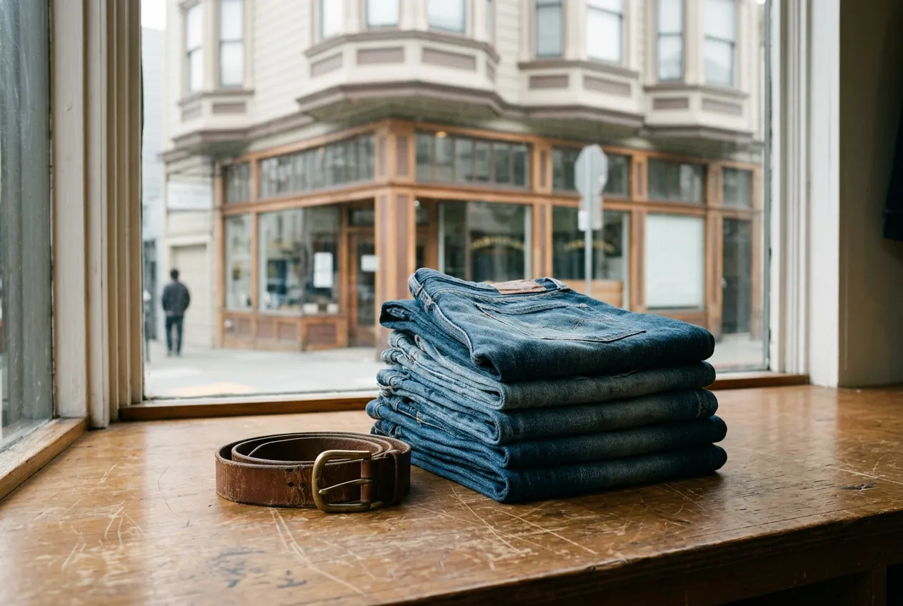 Sunlit still life of folded vintage denim on a wooden counter with a Valencia Street storefront blurred behind glass.