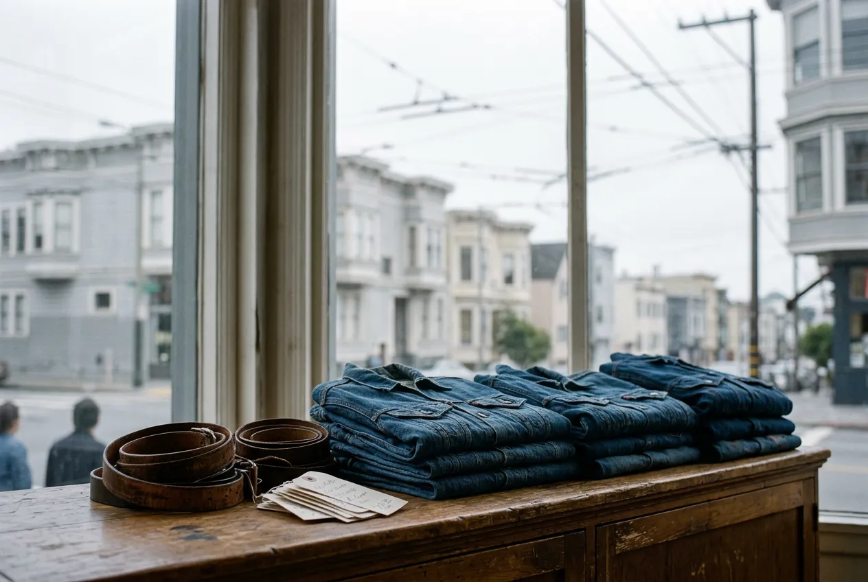 Folded vintage denim jackets and leather belts on a wooden shop counter with a foggy San Francisco street visible through the window