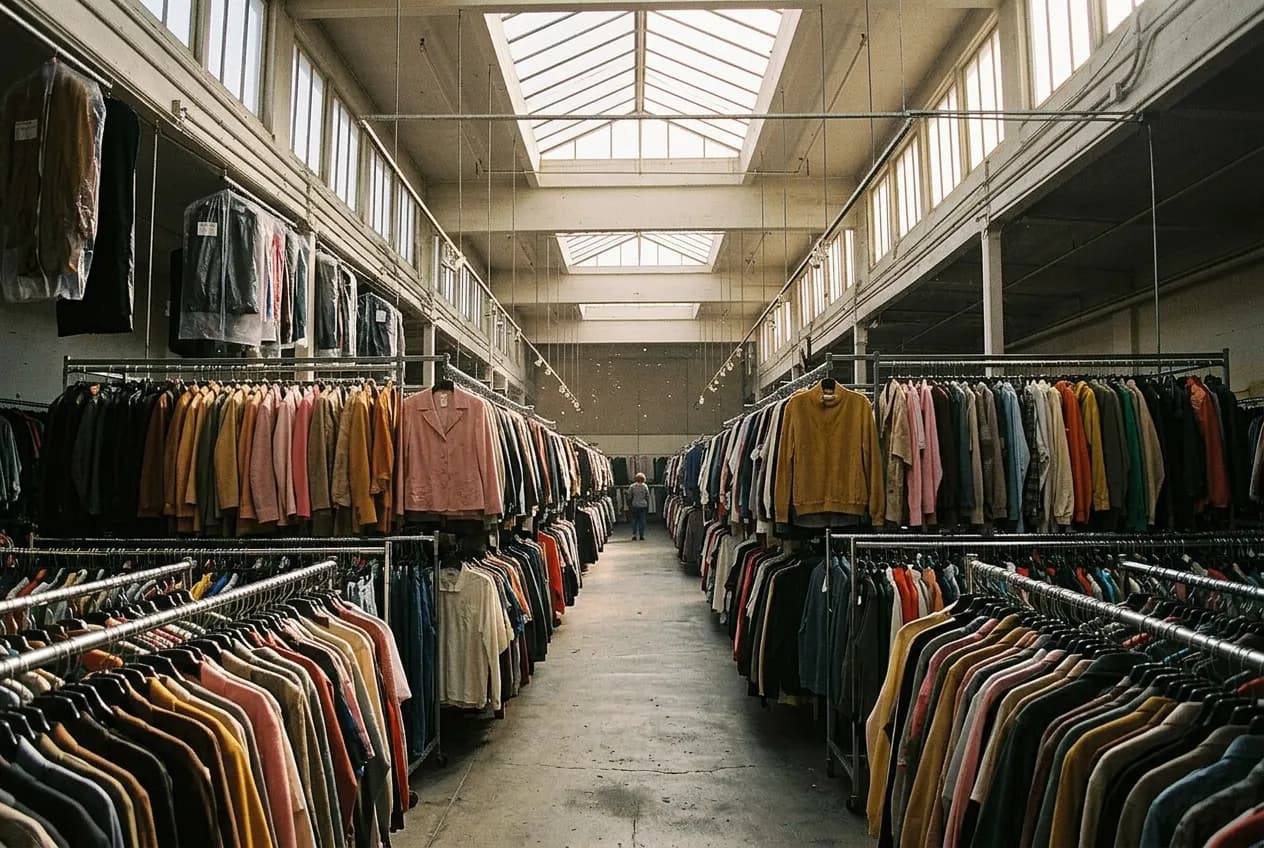 Deep interior view of packed vintage clothing racks under afternoon light inside a large Haight Street store