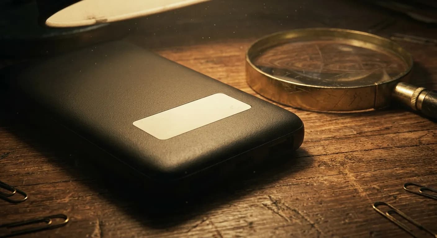Close-up of a power bank's specification label under a desk lamp with a magnifying glass nearby
