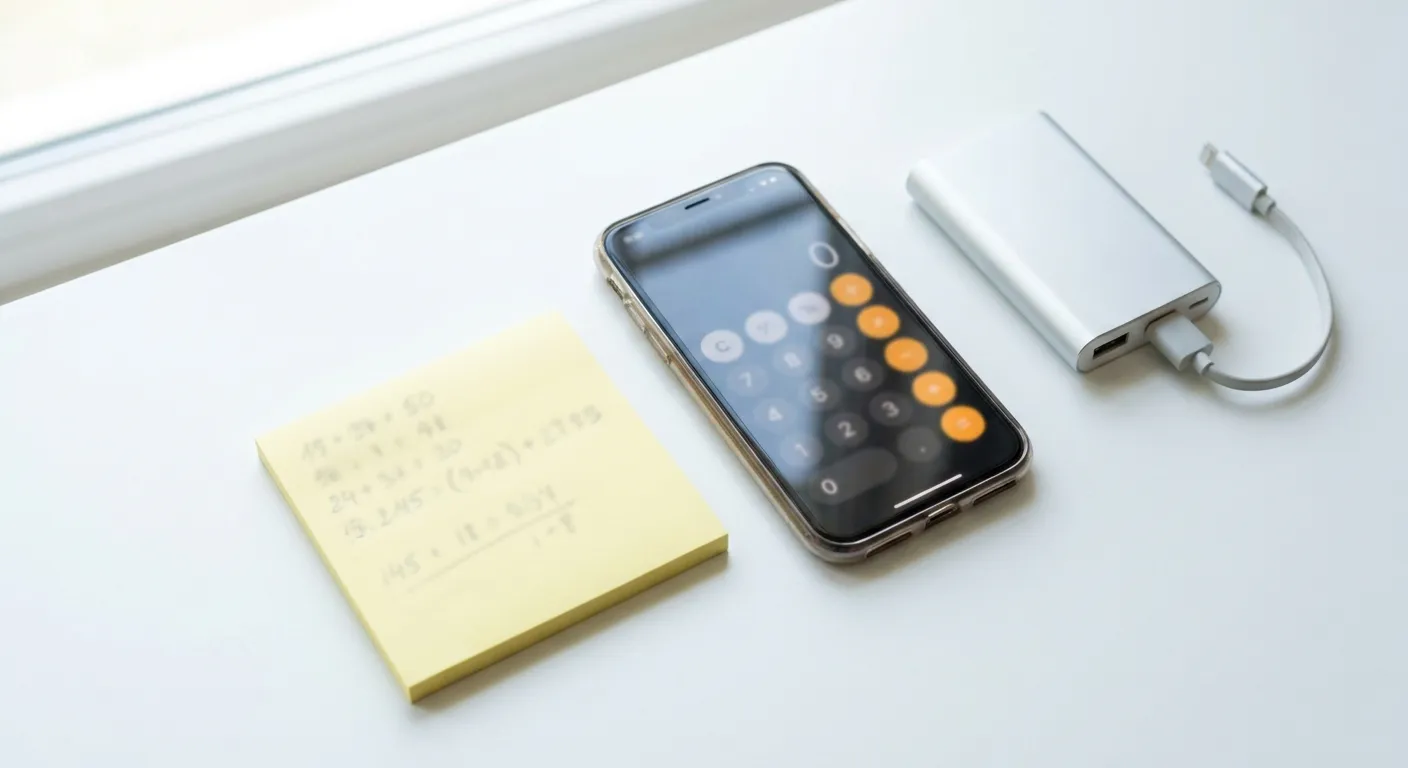 A hand-written conversion calculation on a sticky note beside a phone calculator and power bank