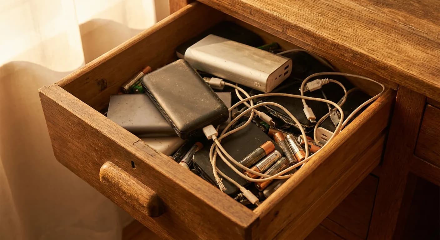 A drawer of assorted old power banks and tangled cables in warm home lighting