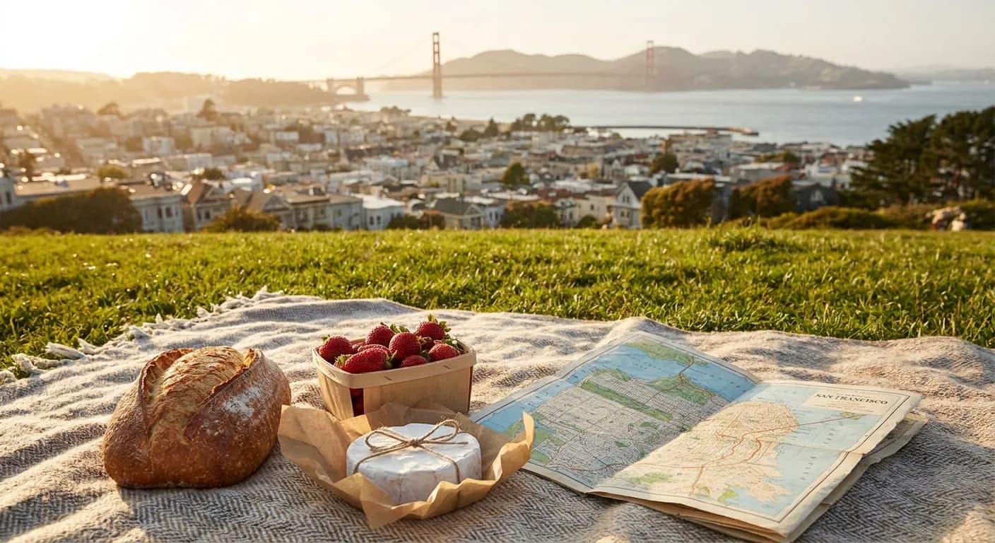 A picnic blanket with farmers market snacks and a paper map on a grassy hilltop overlooking San Francisco