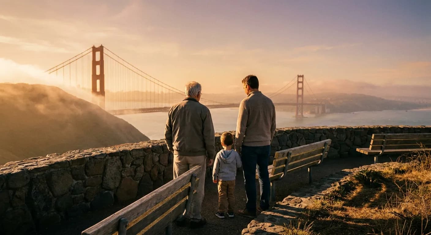 Family at a golden-hour overlook with the Golden Gate Bridge soft in the distance