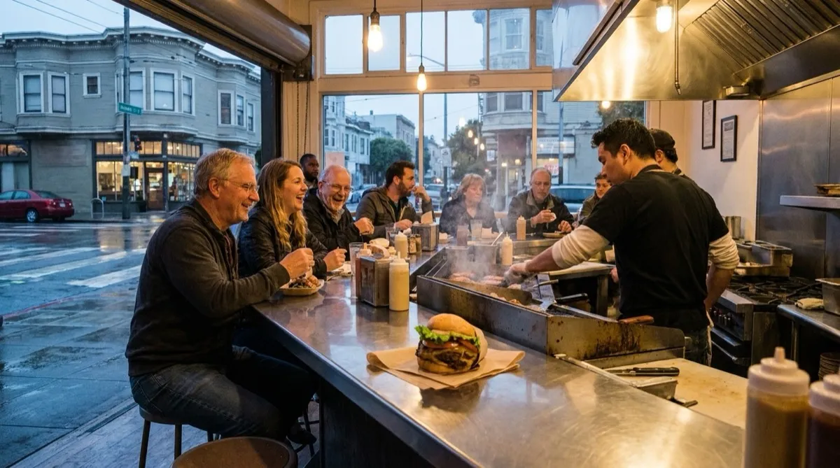 Close-up of a freshly griddled burger patty on a flat-top grill at an independent San Francisco burger counter