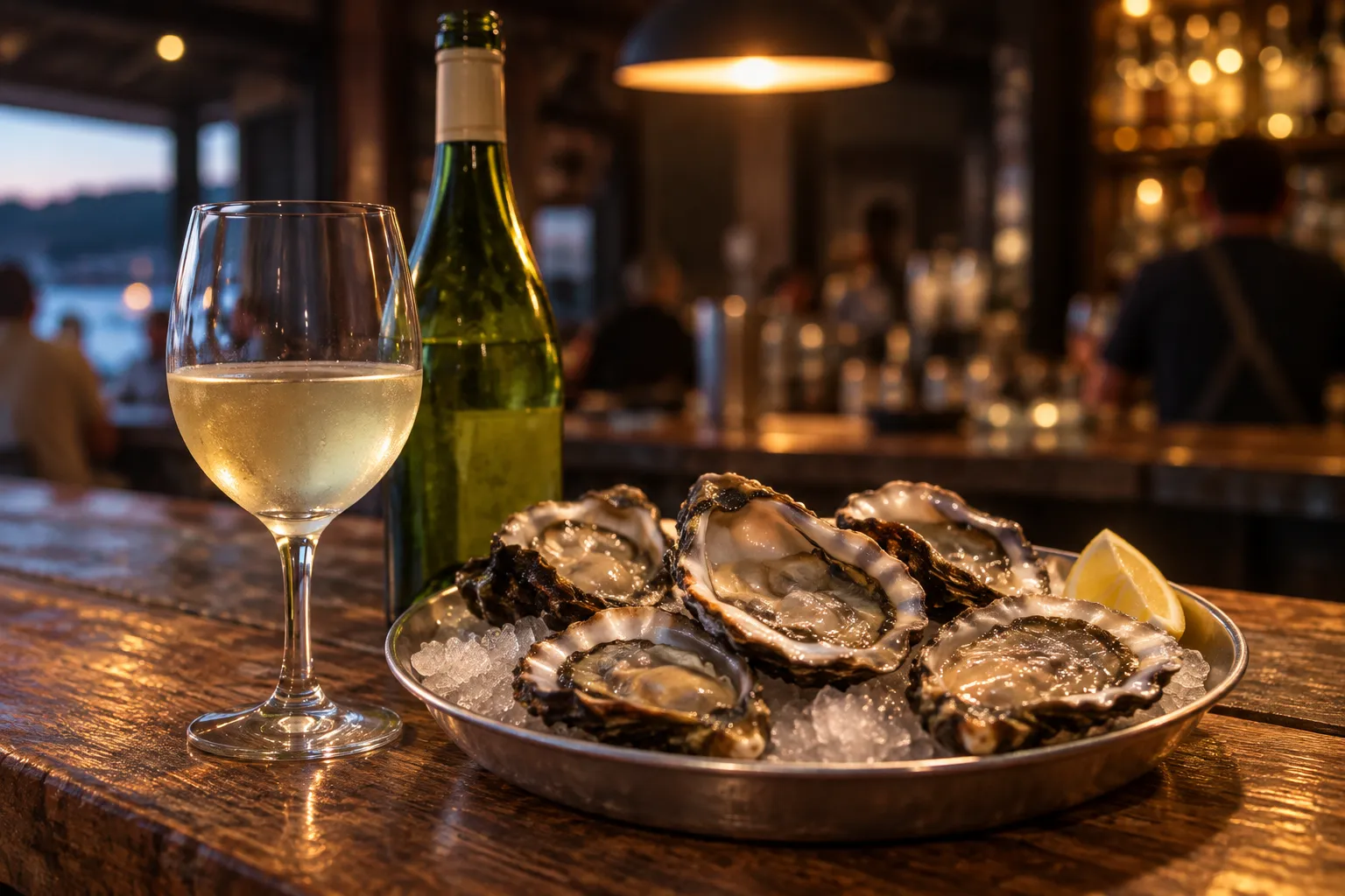 A glass of pale wine beside a plate of oysters on a worn wooden counter